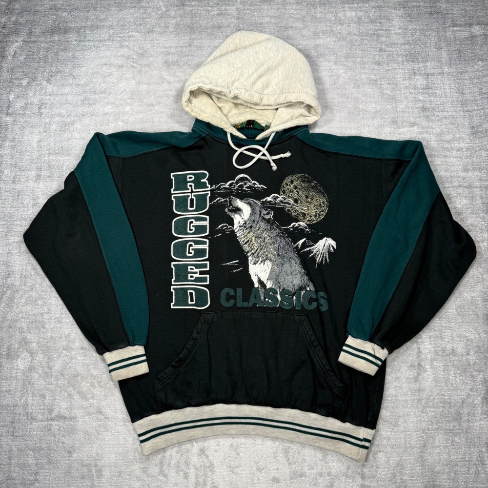Vtg Nature Sweatshirt Mens Medium Black 90s Colorblock Wolf Afterhood Varsity